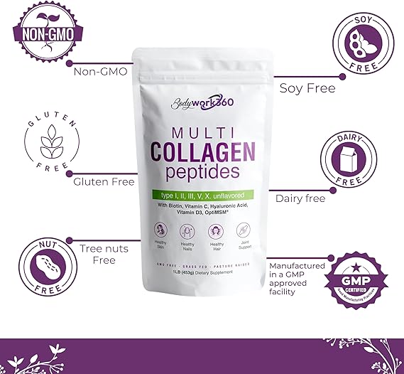 Multi Collagen Peptides Powder | Type I,II,III,V,X with Hyaluronic Acid, Biotin, Vitamin C, Vitamin D3 & OptiMSM - Unflavored