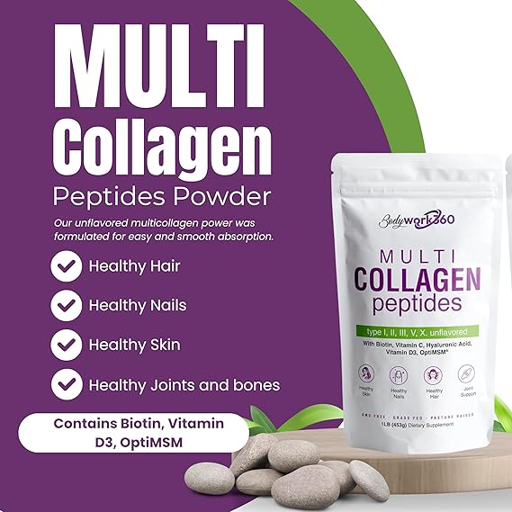 Multi Collagen Peptides Powder | Type I,II,III,V,X with Hyaluronic Acid, Biotin, Vitamin C, Vitamin D3 & OptiMSM - Unflavored