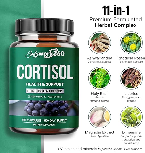 Cortisol Health & Support for Hormone Balance, Sound Sleep, Focus - Contains Ashwagandha, L-theanine, Rhodiola Rosea Root Extract - Gluten Free, Non-GMO - 60 Capsules