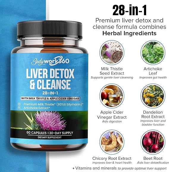 Liver Detox & Cleanse - 28-in-1 Liver Repair & Support Supplement for Men & Women with Milk Thistle, Apple Cider Vinegar, Dandelion Root Extract & Artichoke Extract - Non-GMO, 60 Capsules