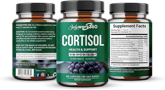 Cortisol Health & Support for Hormone Balance, Sound Sleep, Focus - Contains Ashwagandha, L-theanine, Rhodiola Rosea Root Extract - Gluten Free, Non-GMO - 60 Capsules